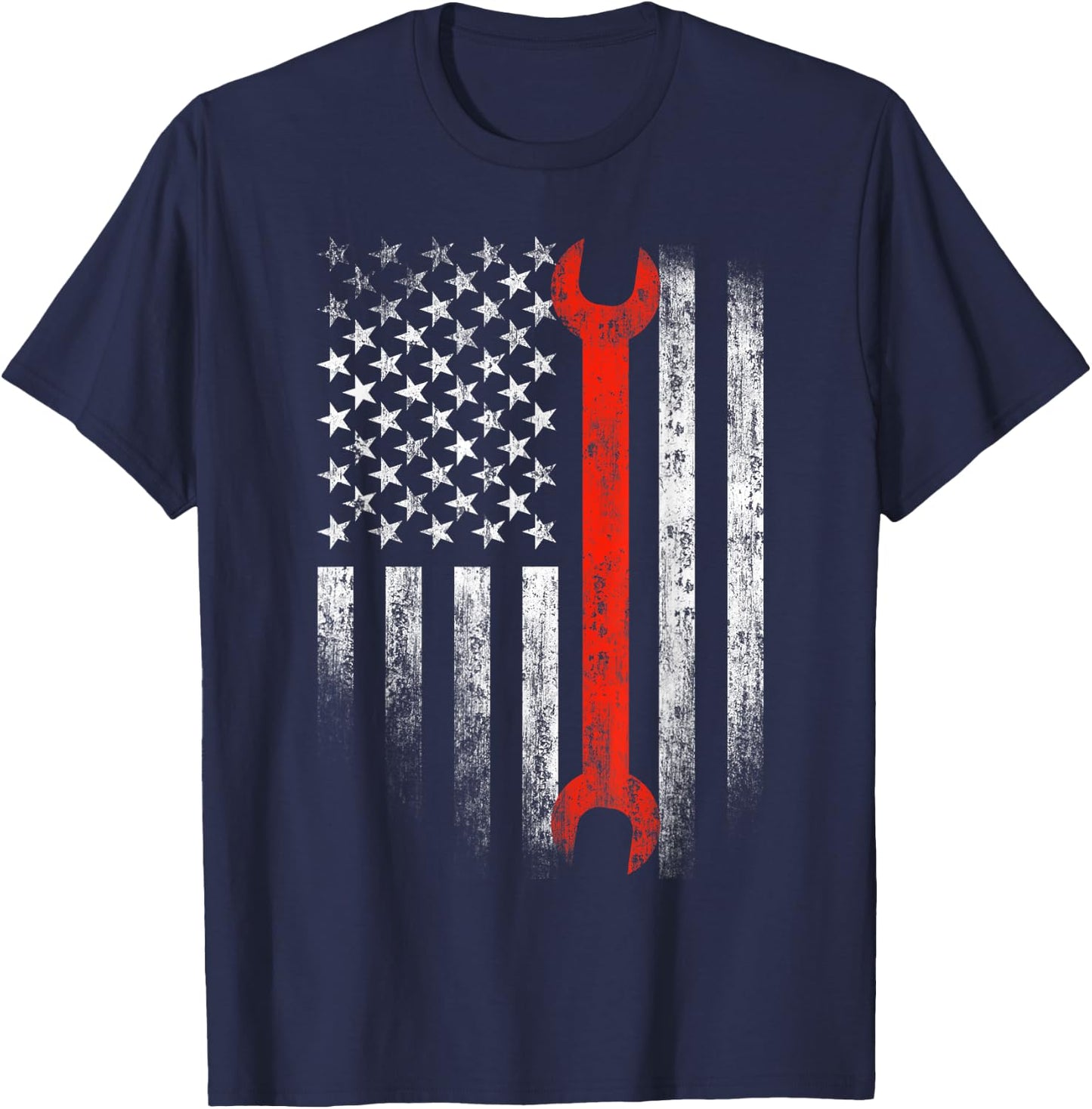 American Flag Mechanic Wrench Shirt Patriotic Car Van Tank Women Men T-Shirt - T-Shirt | Navy