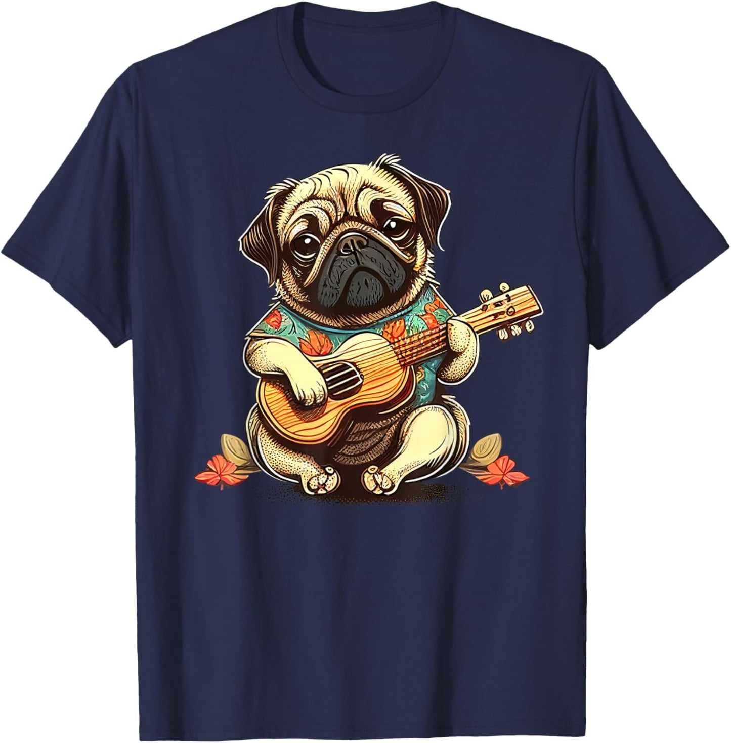 Pug Dog Playing Ukulele T-Shirt - T-Shirt | Navy