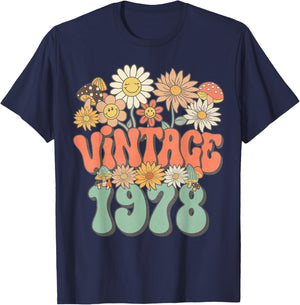 Retro Groovy Vintage 1978 Floral Hippie Daisy 47th Birthday T-Shirt - T-Shirt | Navy