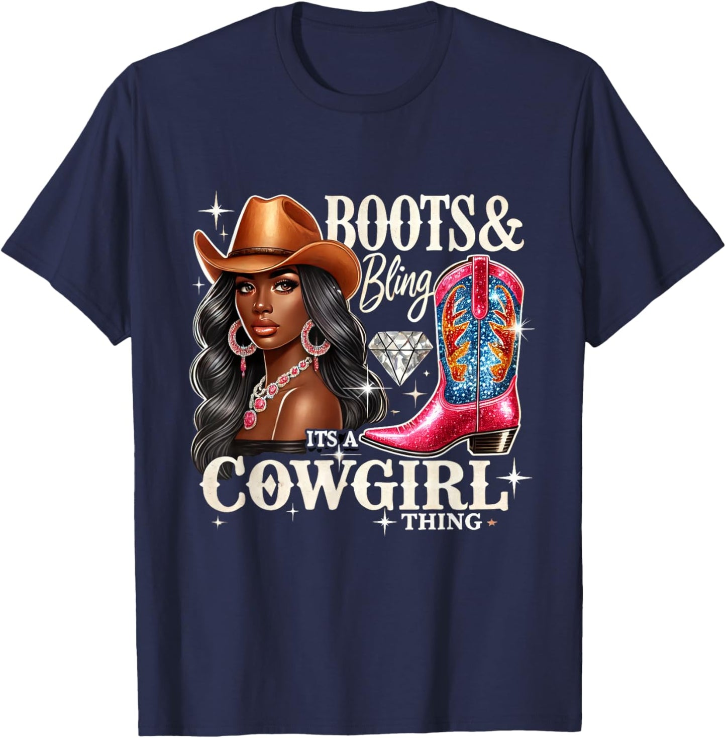 Boots & Bling its a Cowgirl Thing Cowgirl Melanin Rodeo T-Shirt - T-Shirt | Navy