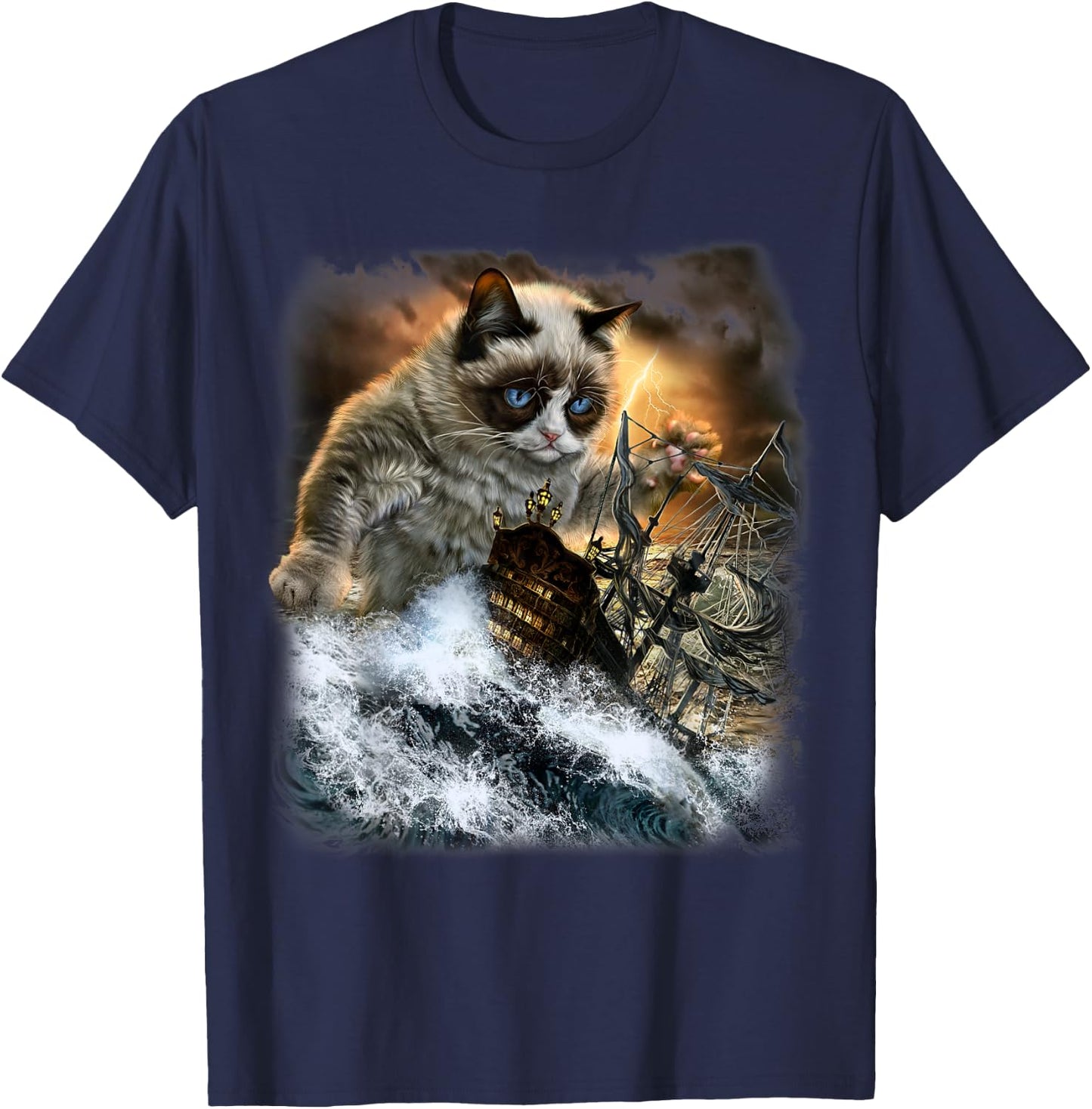 Giant Siamese Cat Ambush a Royal Navy Ship of the Line T-Shirt - T-Shirt | Navy