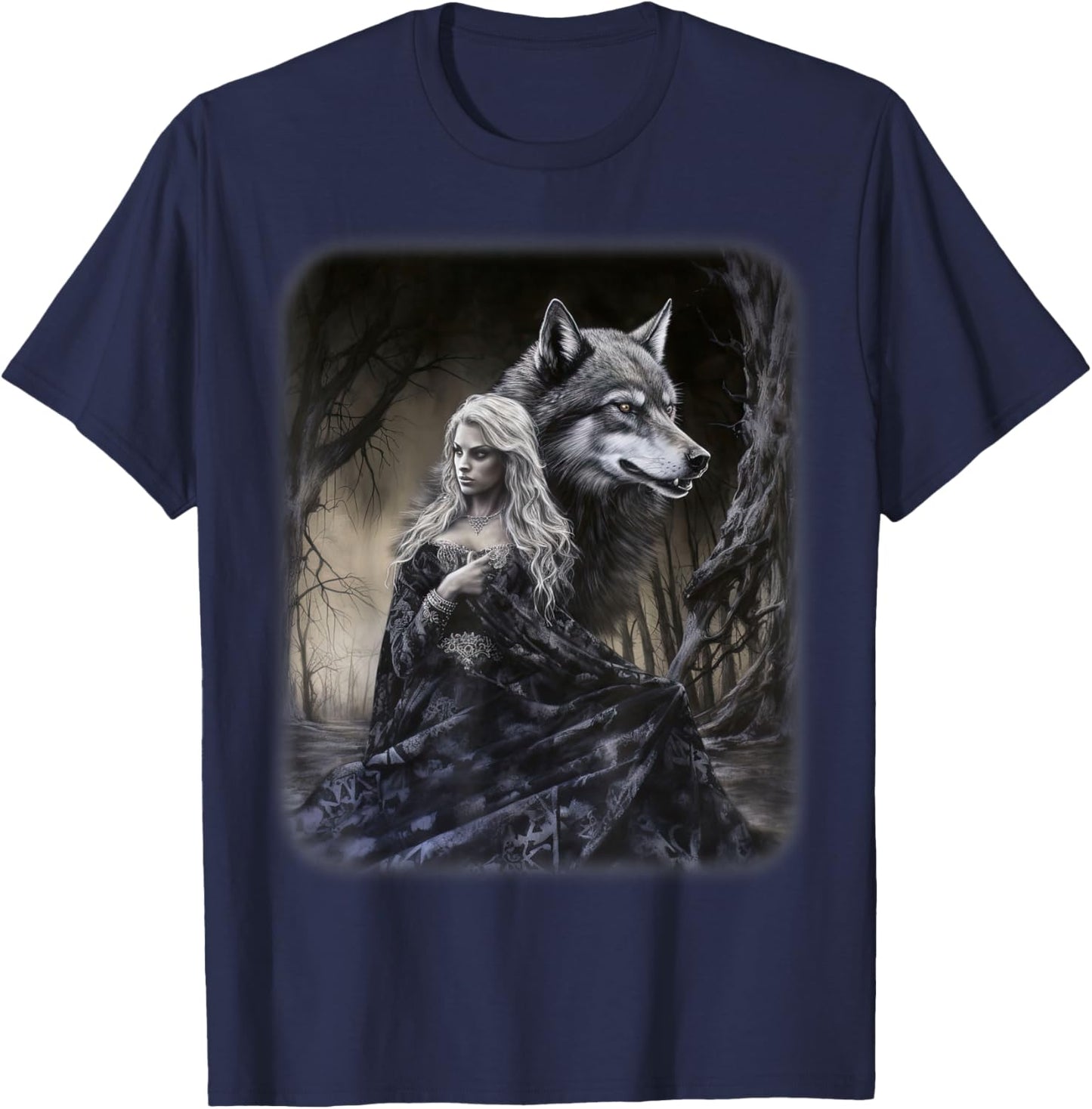 Woman and Gray Wolf in Forest Moon Fantasy Art Painting T-Shirt - T-Shirt | Navy