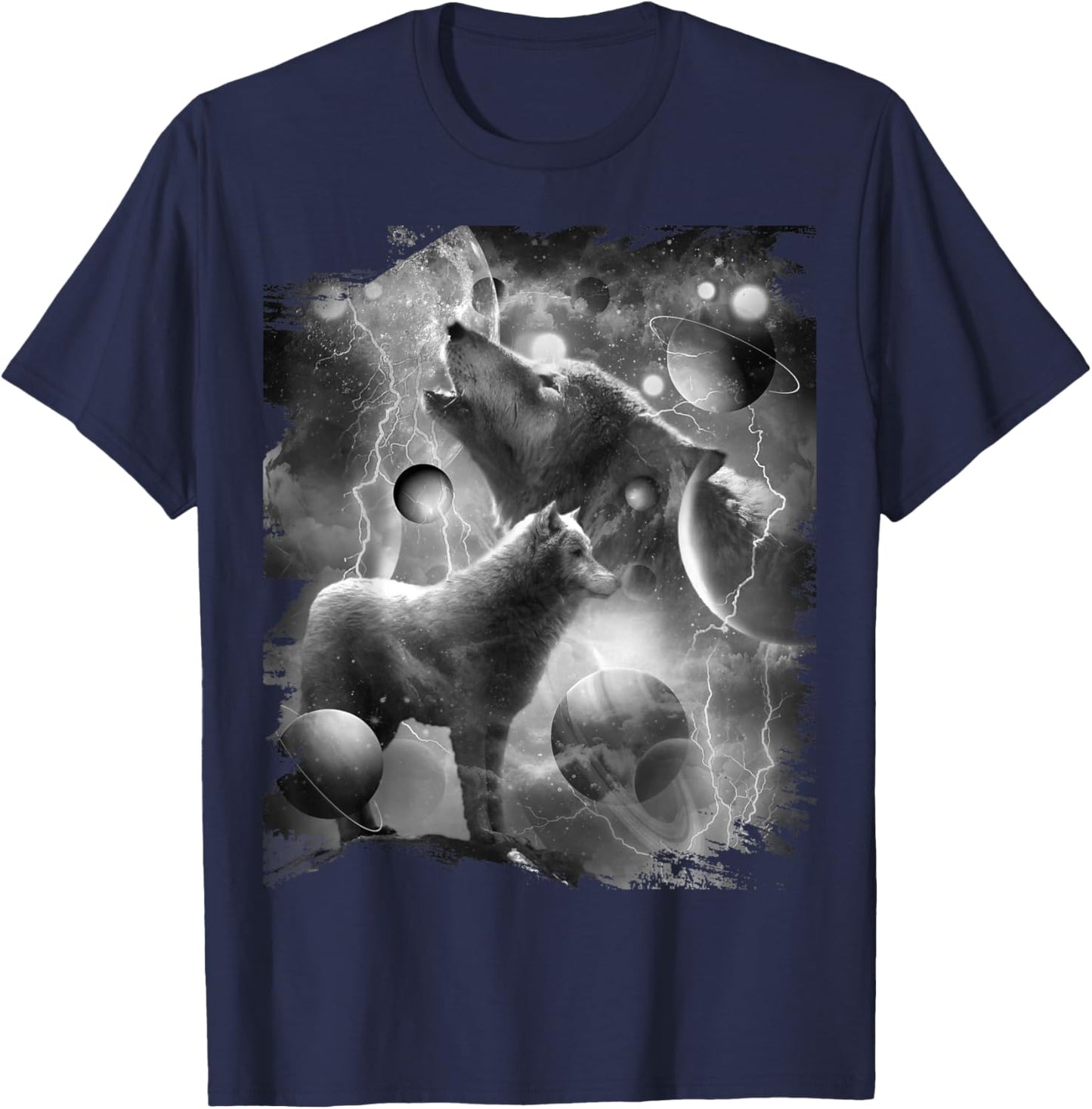 Black and White Wolf Lightning, Cosmic Wolves Howling T-Shirt - T-Shirt | Navy