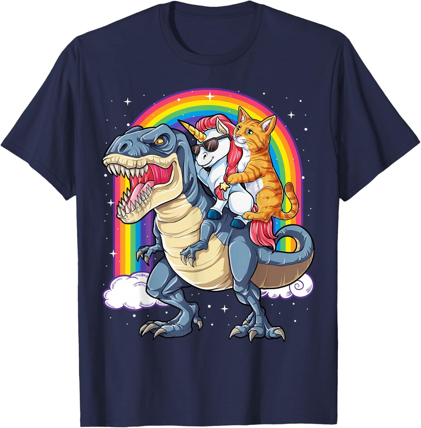 Cat Unicorn Riding Dinosaur T rex Kitten Lover Space Galaxy T-Shirt - T-Shirt | Navy