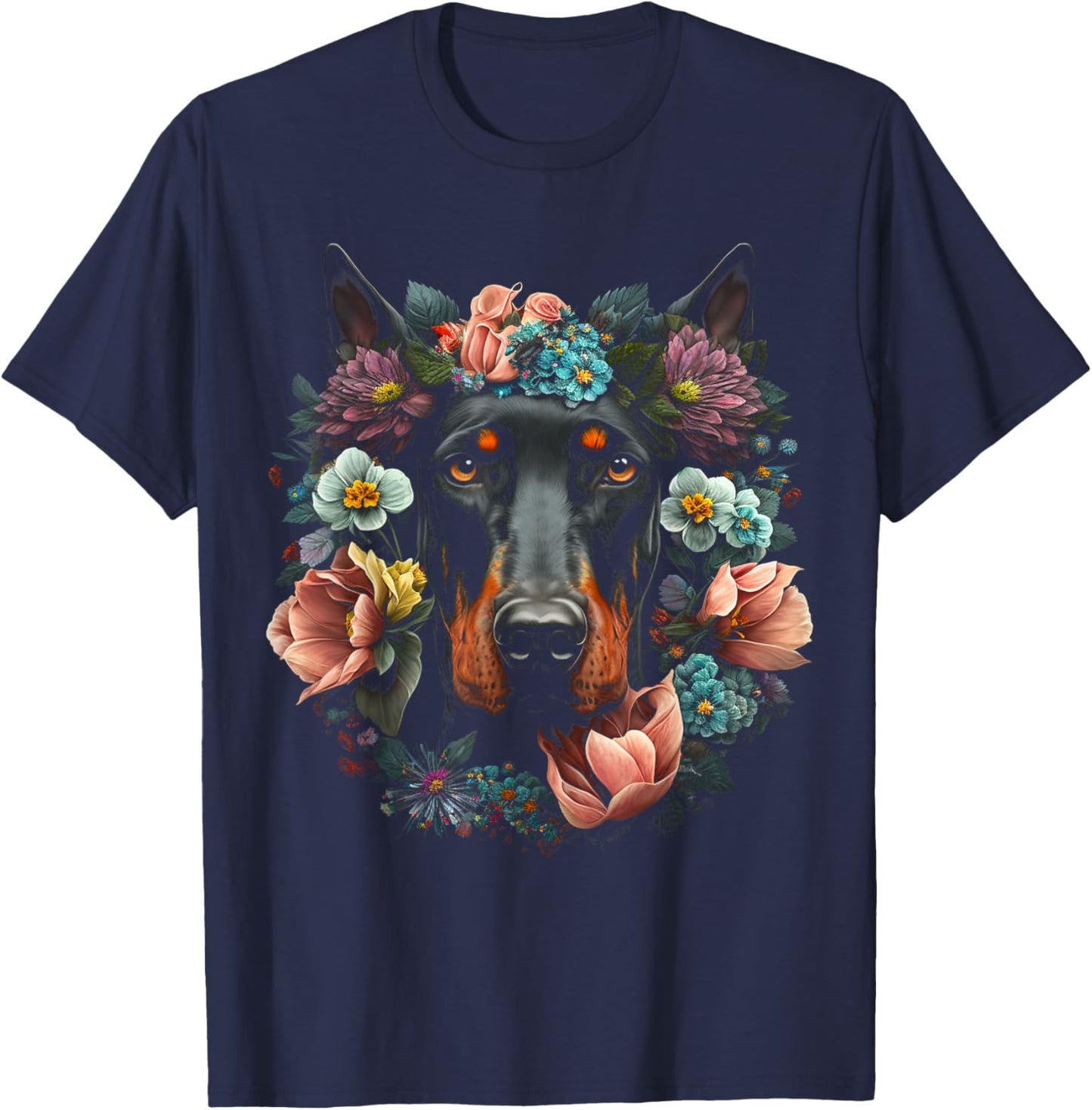 Doberman Mom Floral Dog Lovers T-Shirt - T-Shirt | Navy