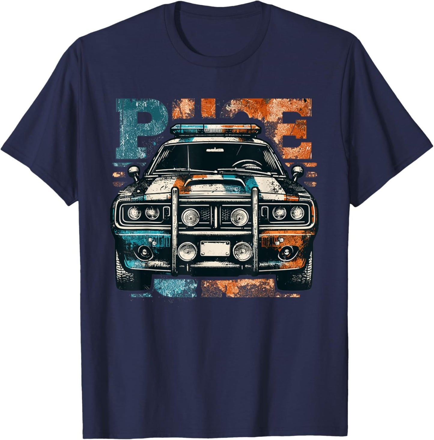 Vintage Police Car Old Car USA Flag Police Lights T-Shirt - T-Shirt | Navy