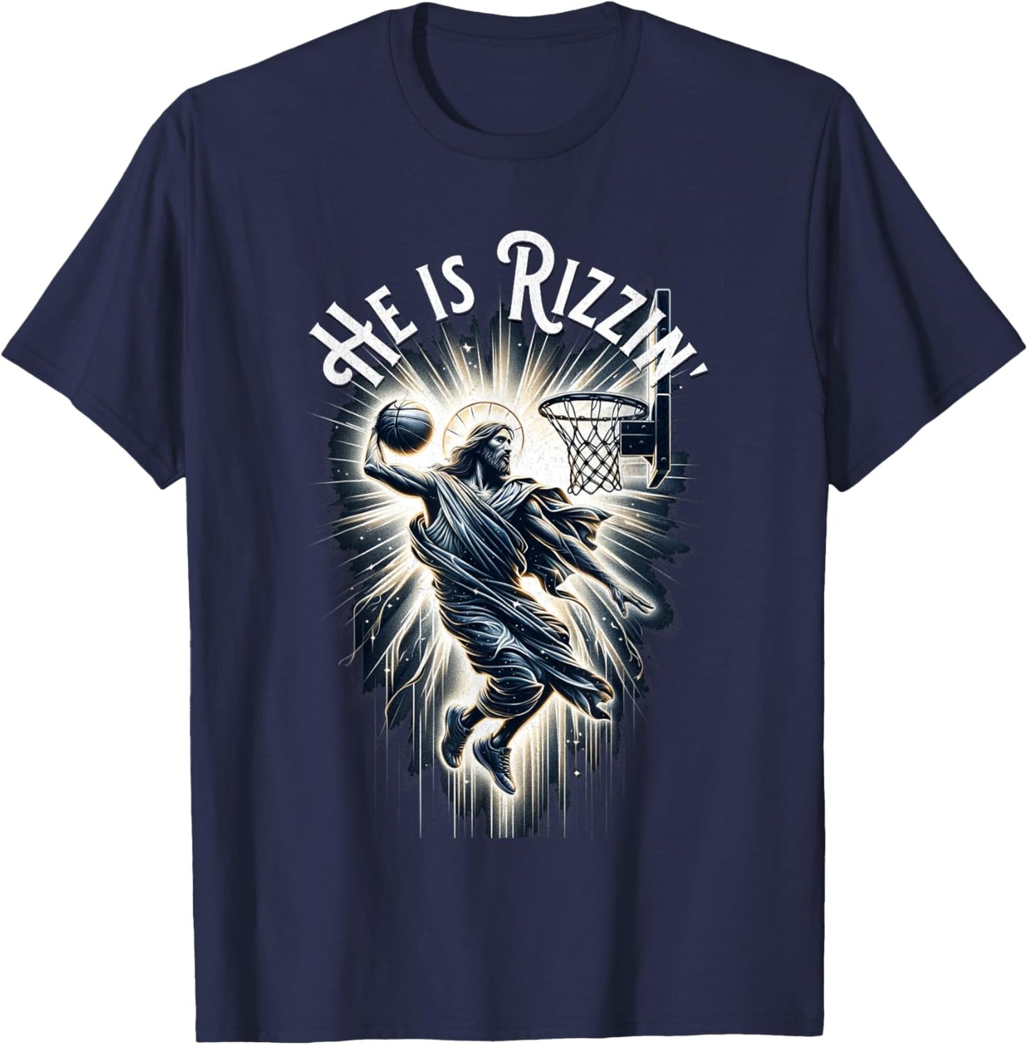 Sports Rizz Rizzen He is Rizzin Jesus Playing Basketball T-Shirt - T-Shirt | Navy