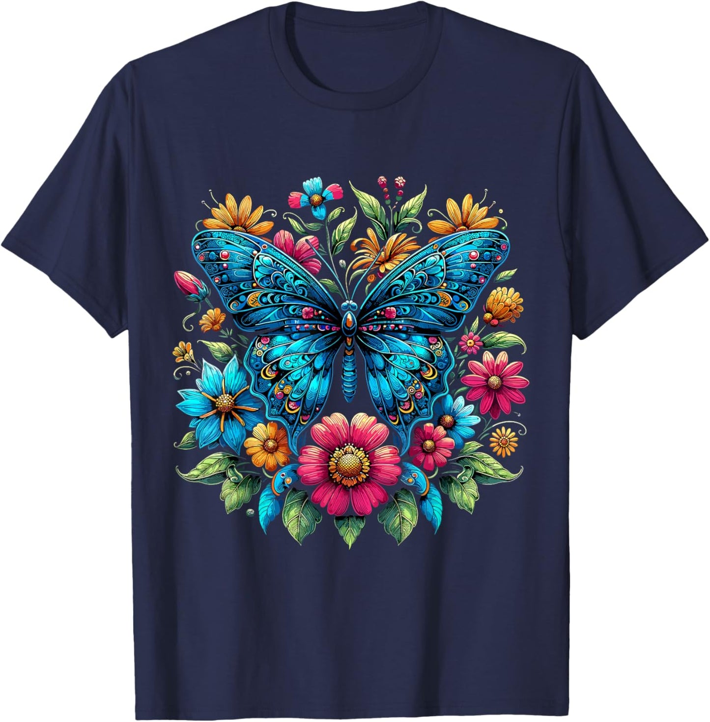 Butterfly With Flowers Aesthetic Butterfly T-Shirt - T-Shirt | Navy