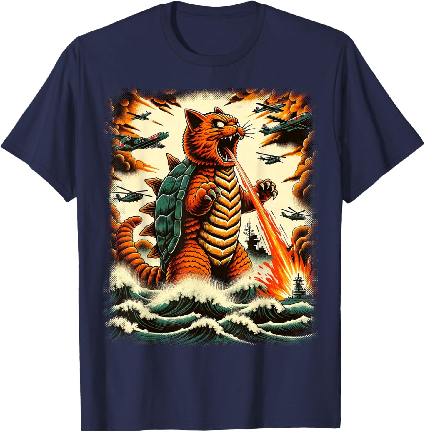 Cat Turtle Monster Kaiju Japanese Monster Funny Anime Manga T-Shirt - T-Shirt | Navy