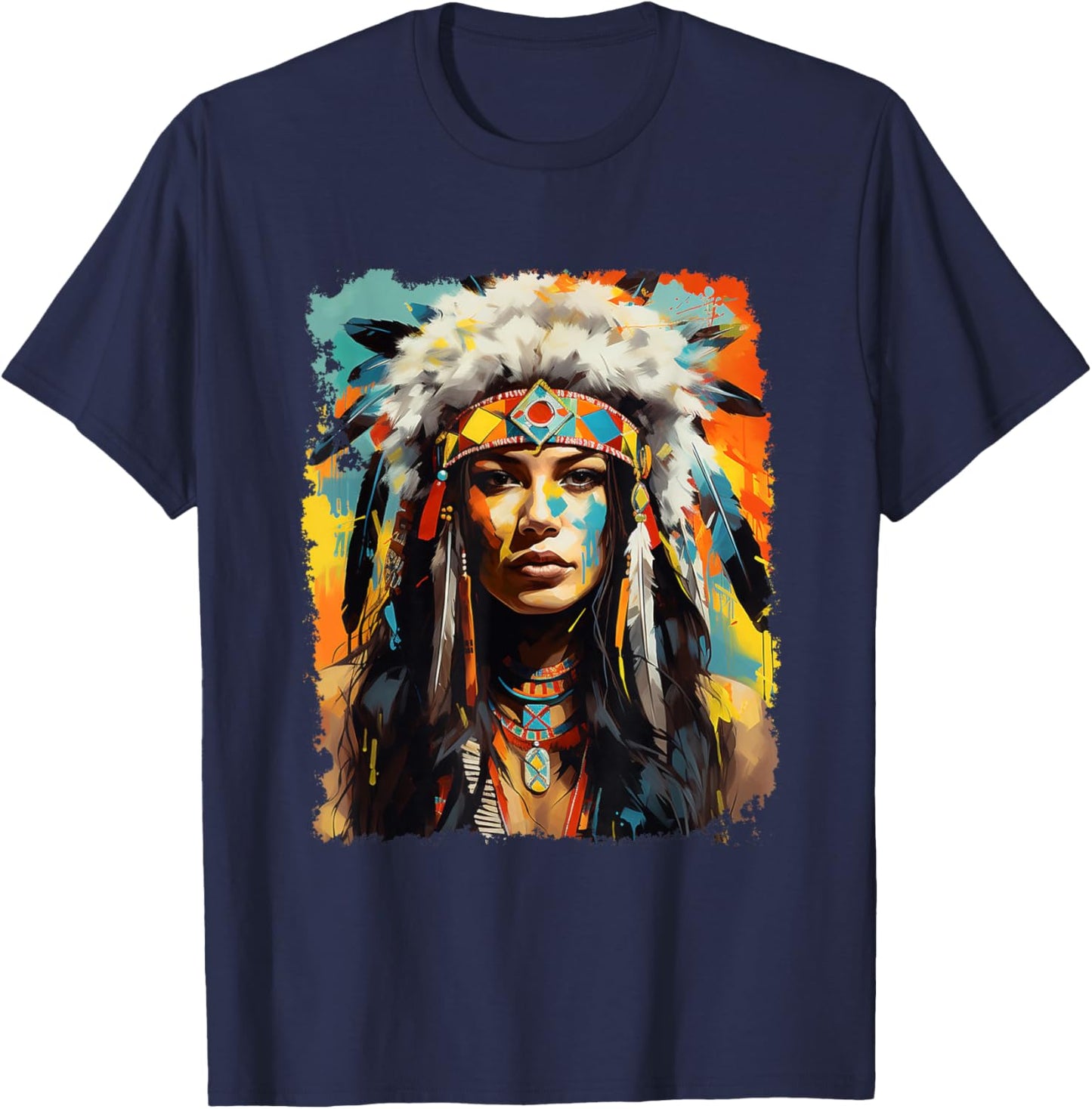 Indigenous Wolfwear Beautiful Native American - Black, -Adults, Short Sleeve, Small, Regular Fit, Modern Tribal Fusion T-Shirt - T-Shirt | Navy