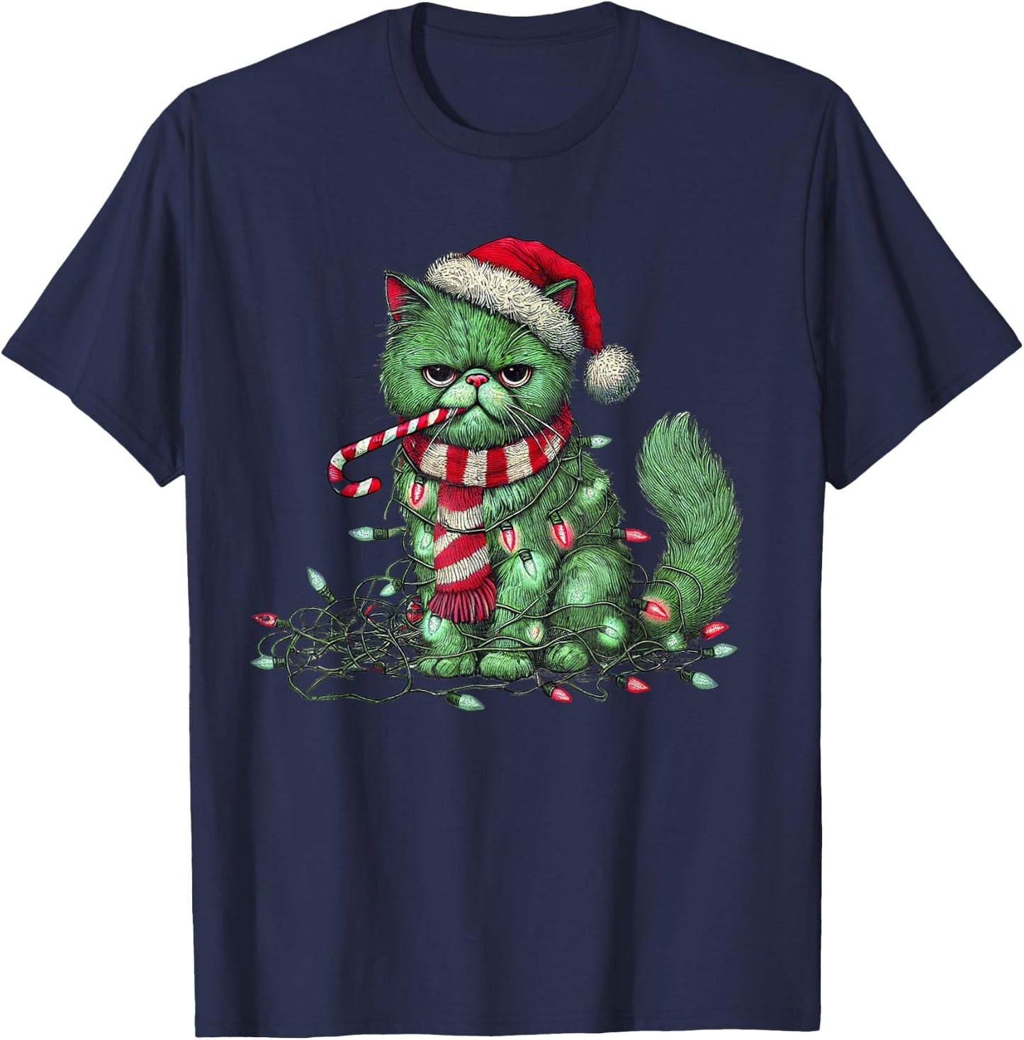 Christmas Cat with Santa Hat & Tree Lights Christmas cat T-Shirt - T-Shirt | Navy