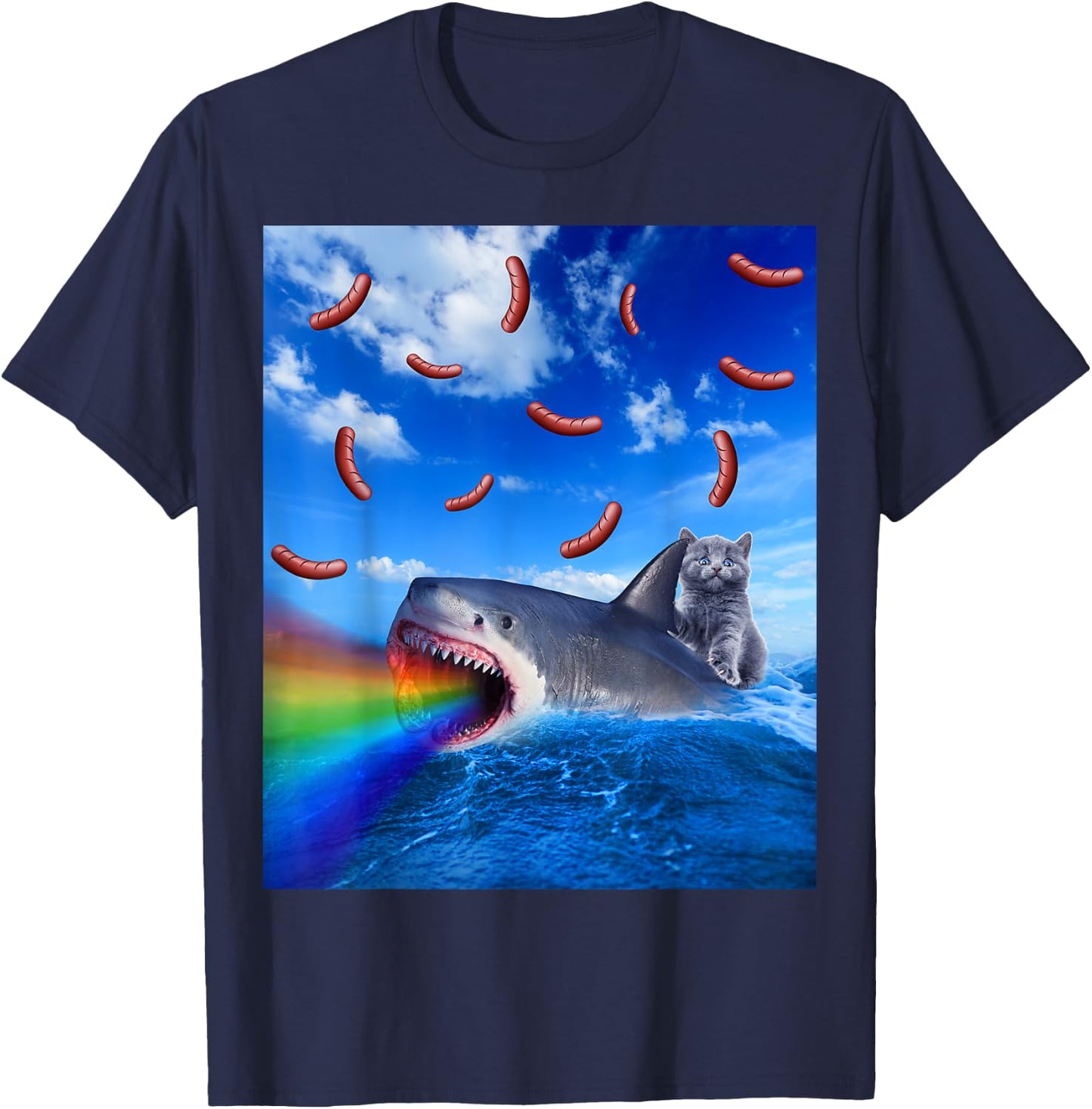 Cat Riding Rainbow Breathing Shark With Hot Dogs T-Shirt - T-Shirt | Navy