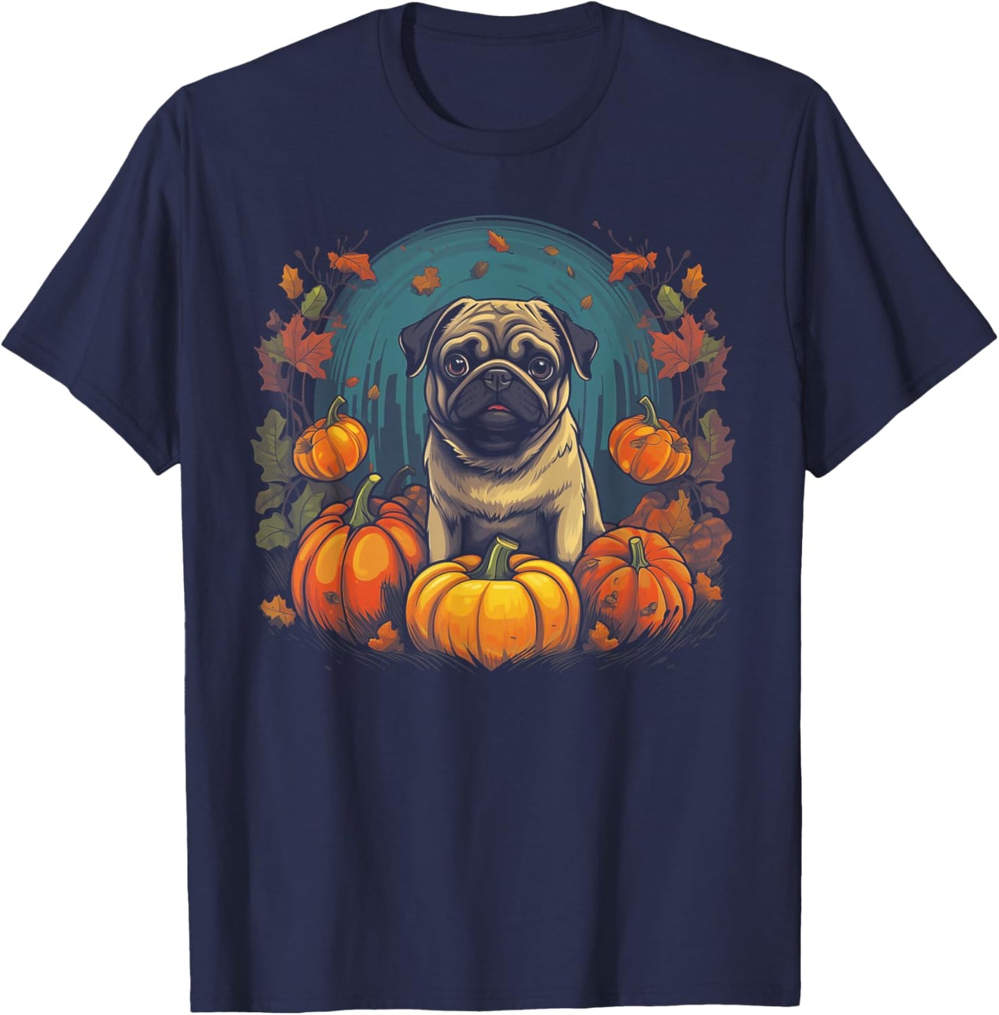 Pug Dog - Pumpkin Thanksgiving Fall Halloween T-Shirt - T-Shirt | Navy