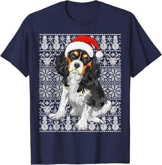 Cavalier King Charles Spaniel Dog Santa Hat Ugly Christmas T-Shirt - T-Shirt | Navy
