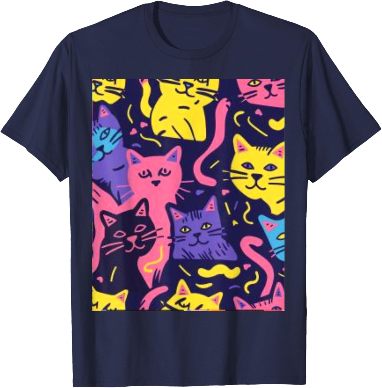 80's Neon Cat Pattern Women T-Shirt - T-Shirt | Navy