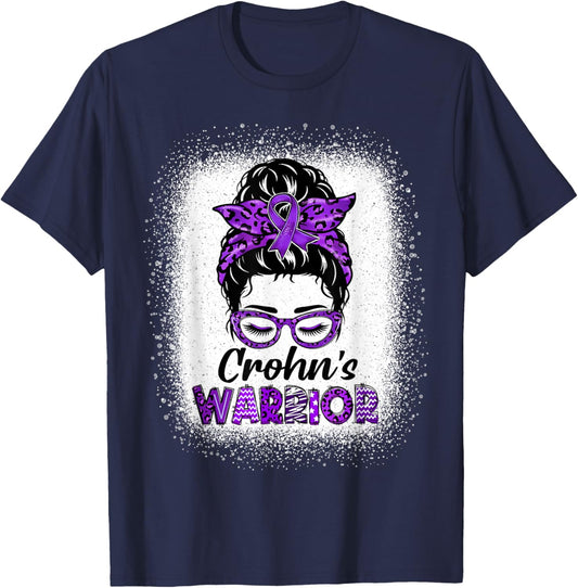 Crohns Disease Warrior Women Messy Bun Crohn's Awareness T-Shirt - T-Shirt | Navy