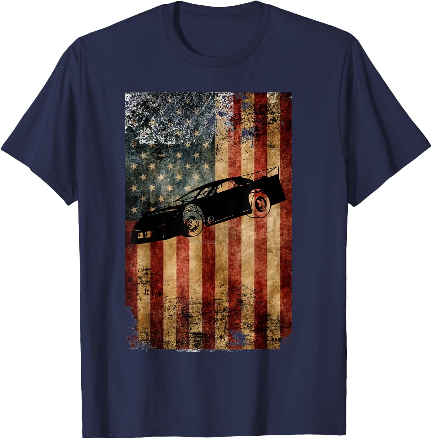 Late Model Dirt Track Racing Gifts Distressed American Flag T-Shirt - T-Shirt | Navy