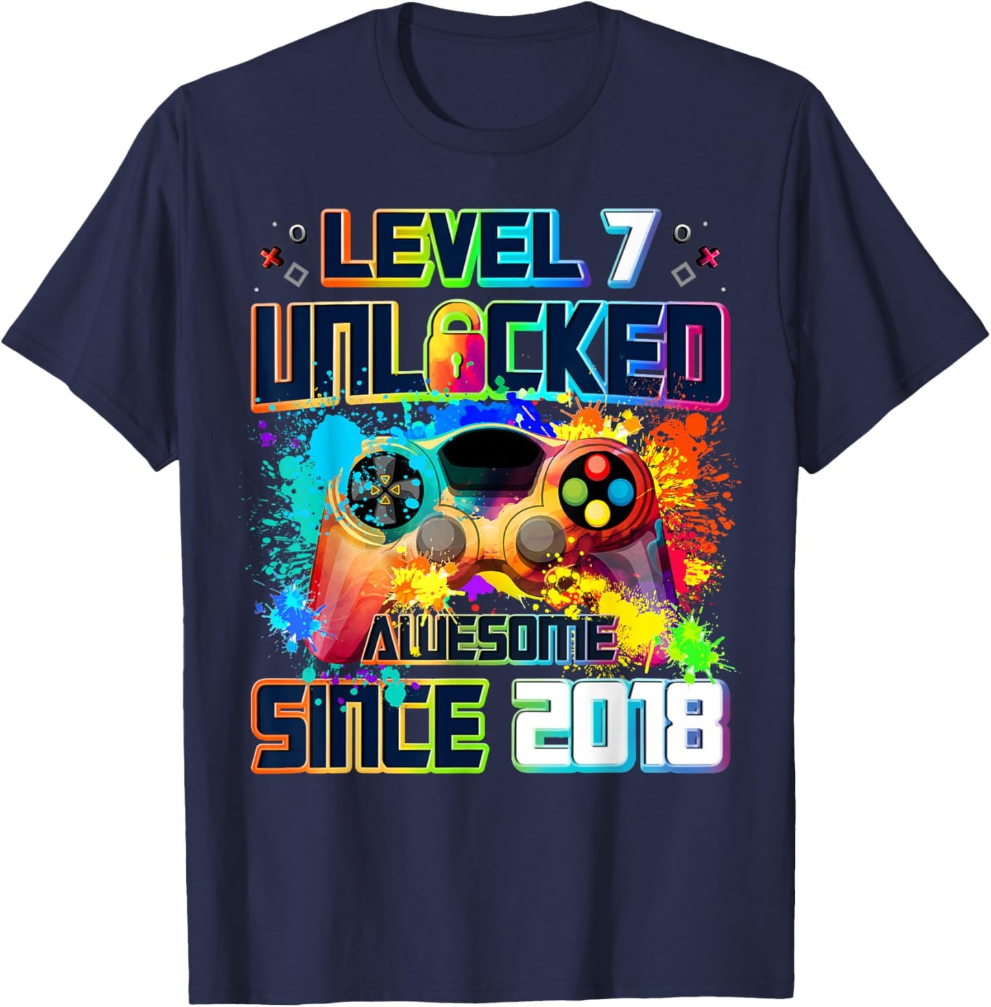 Level 7 Unlocked 7 Year Old Video Gamer 7th Birthday Gift T-Shirt - T-Shirt | Navy
