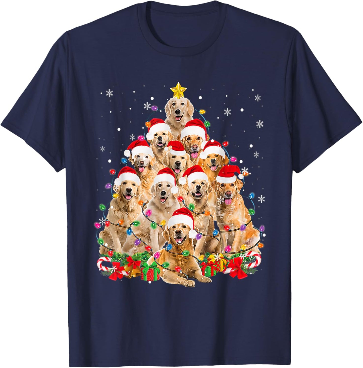 Funny Golden Retriever Christmas Lights Tree Dog Lover Xmas Men Women T-Shirt - T-Shirt | Navy
