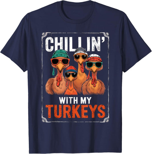 Funny Family Thanksgiving - Chillin With My Turkeys -Kids Thanksgiving Boys' Kids T-Shirt - T-Shirt | Navy