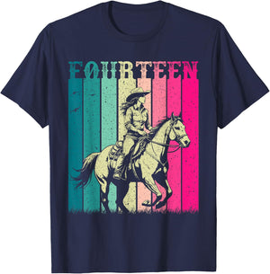 Cowgirl 14th Birthday Girls 14 Year Old Western Rodeo Party T-Shirt - T-Shirt | Navy