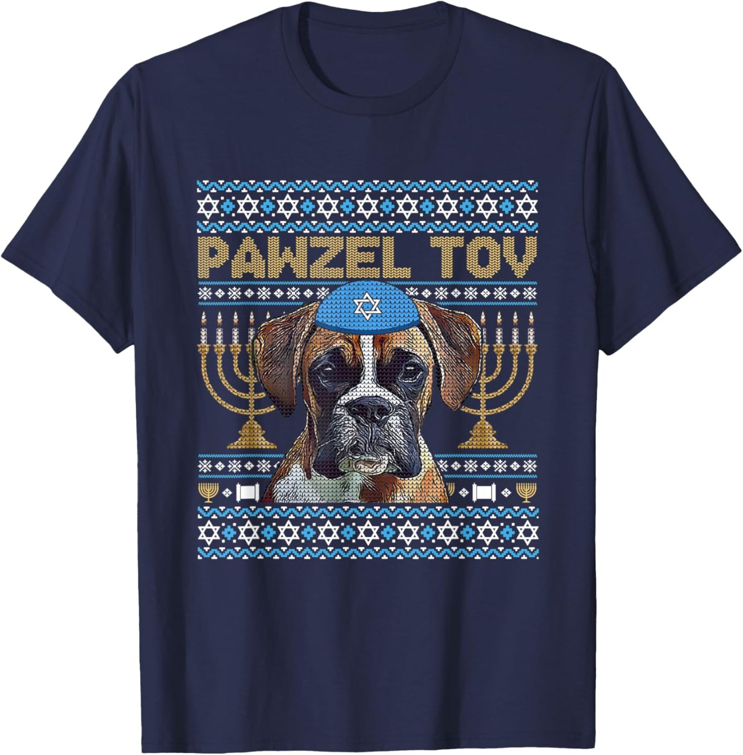 Pawzel Tov Jewish Boxer Dog Funny Hanukkah T-Shirt - T-Shirt | Navy