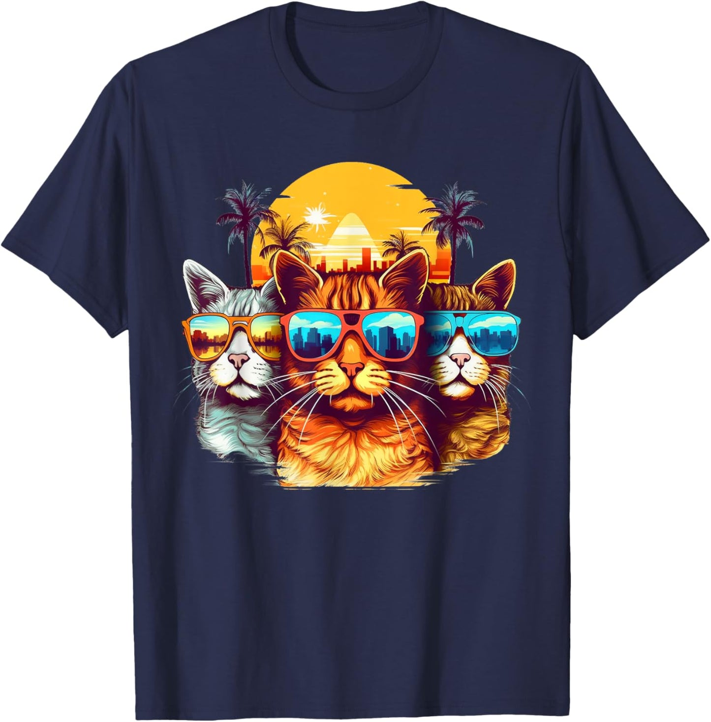 Retro Eighties Style Cat With Sunglasses T-Shirt - T-Shirt | Navy