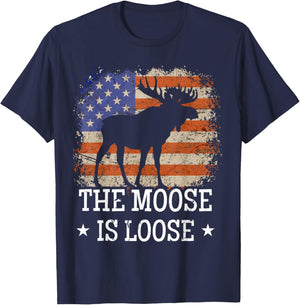 Funny The Moose is Loose Vintage American Flag Moose Lover Women Men T-Shirt - T-Shirt | Navy