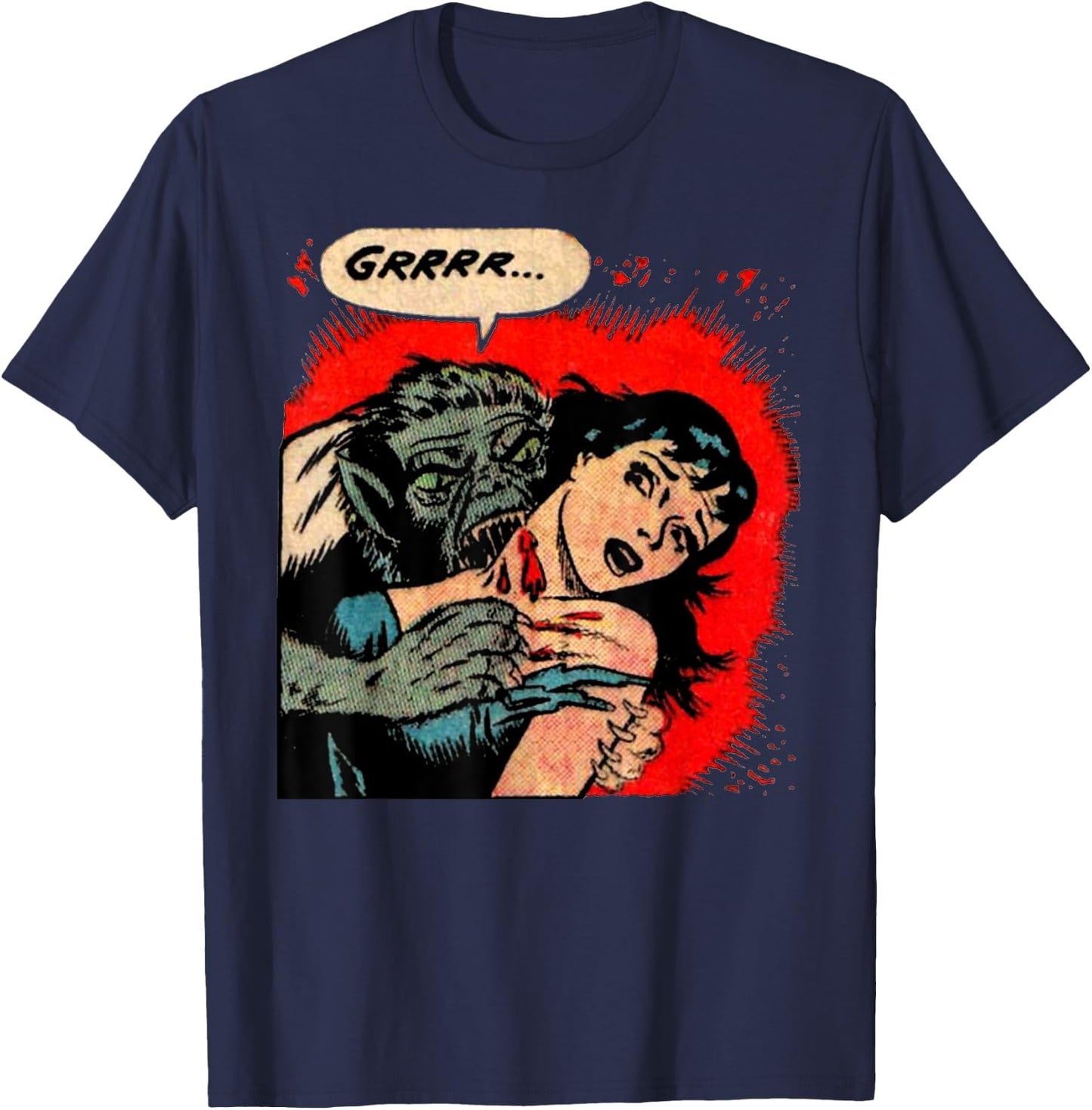 Creepy Horror Movie Monster Comic Vintage Halloween Werewolf T-Shirt - T-Shirt | Navy