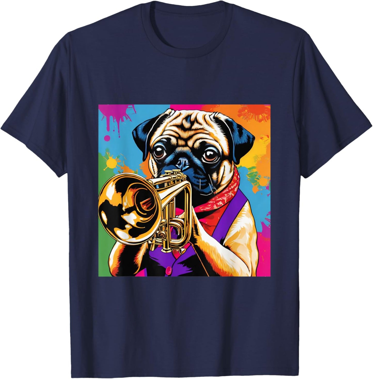 Fun Pug Playing Trumpet | Vintage Pop Art Jazz Player Dog Men Women Girls Kids T-Shirt - T-Shirt | Navy