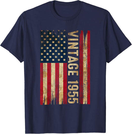 Vintage Made In 1955 American Flag 70th Birthday 70 Year Old T-Shirt - T-Shirt | Navy
