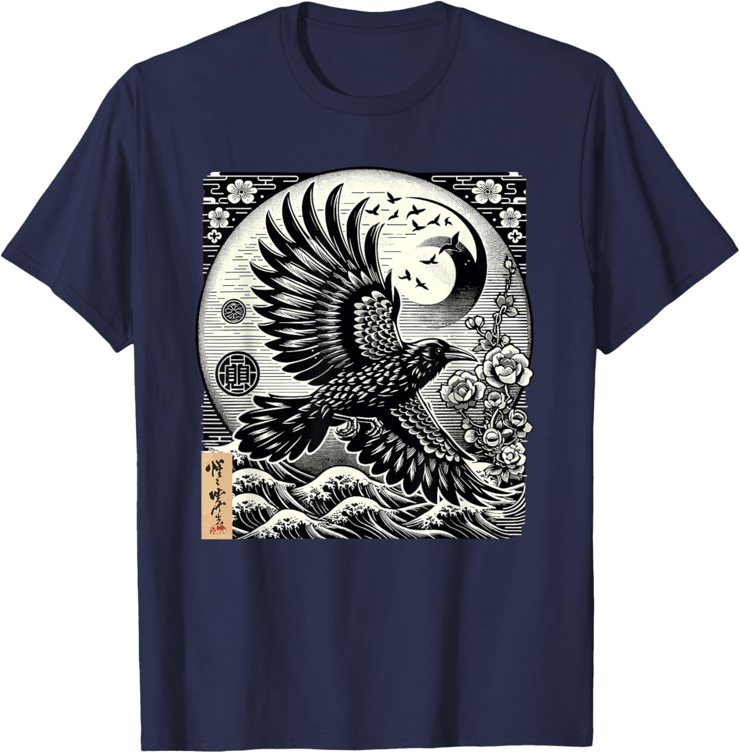 Graphic Japan Woodblock Art Crow Raven Vintage T-Shirt - T-Shirt | Navy