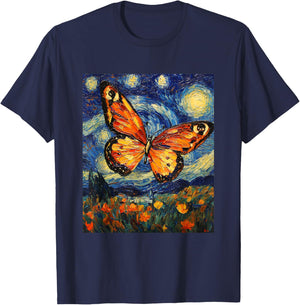 Butterfly Van Gogh Style Starry Night Cute Graphic T-Shirt - T-Shirt | Navy