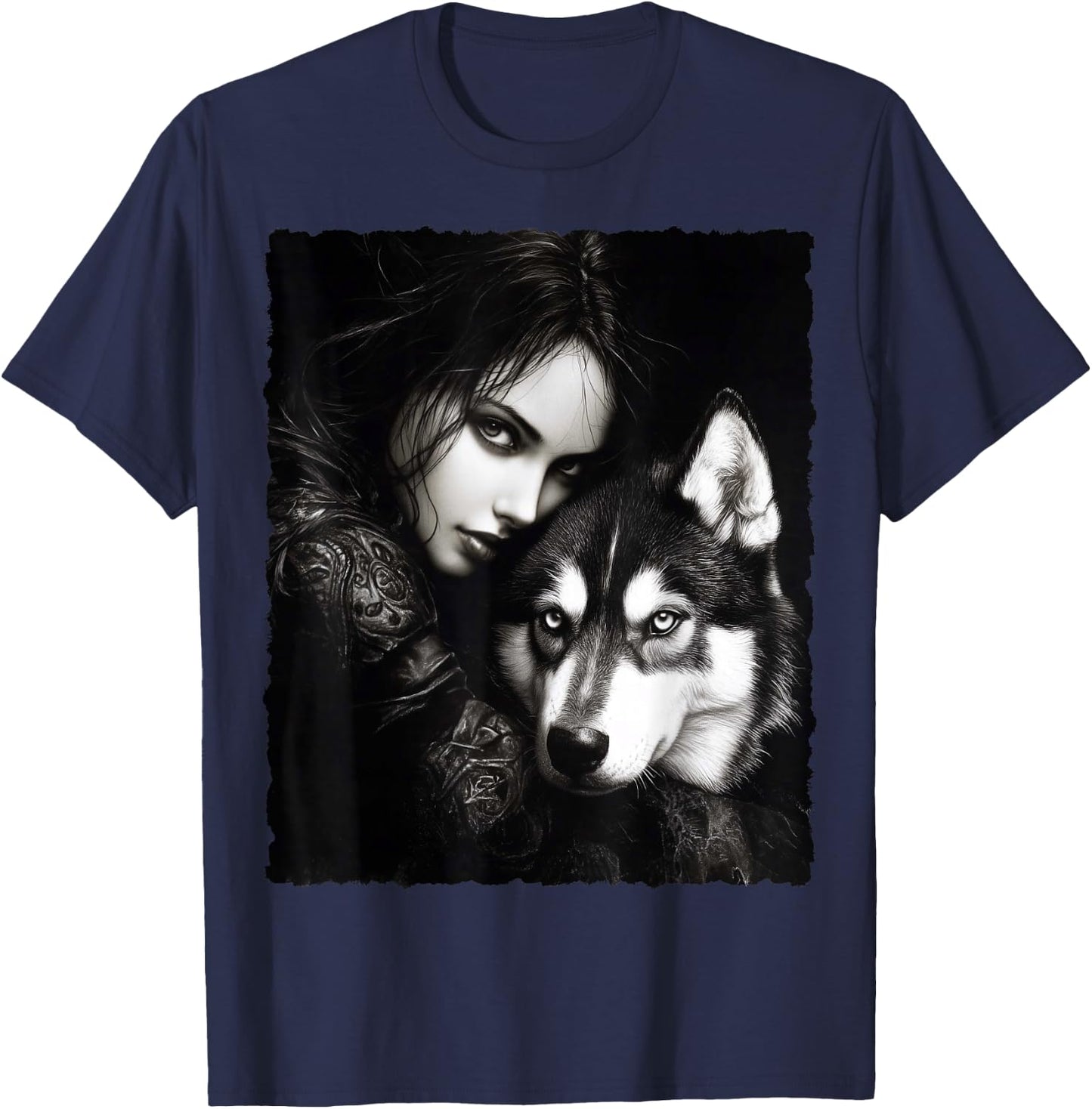 Woman and Wolf Husky Fantasy Art Painting T-Shirt - T-Shirt | Navy