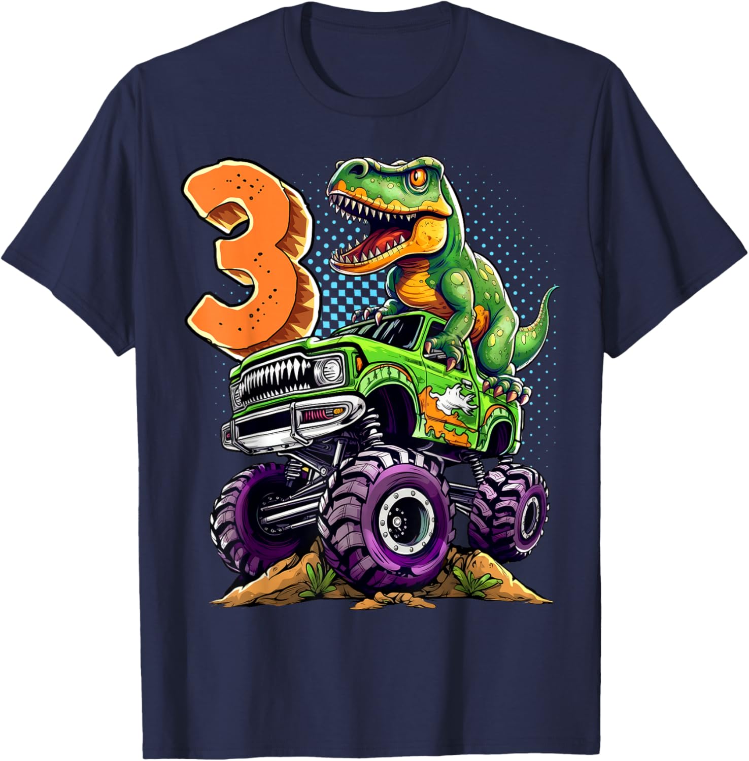 Monster Truck Dinosaur T-Rex 3rd Birthday Boy 3 Year Old T-Shirt - T-Shirt | Navy