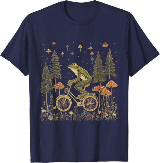 Cottagecore Frog Riding Bike Funny Aesthetic Wild Flower T-Shirt - T-Shirt | Navy