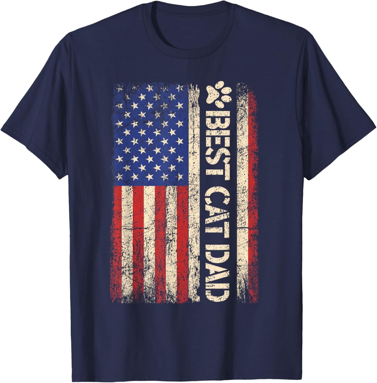 Best Cat Dad Ever American US Flag Father's day Cat Lover T-Shirt - T-Shirt | Navy
