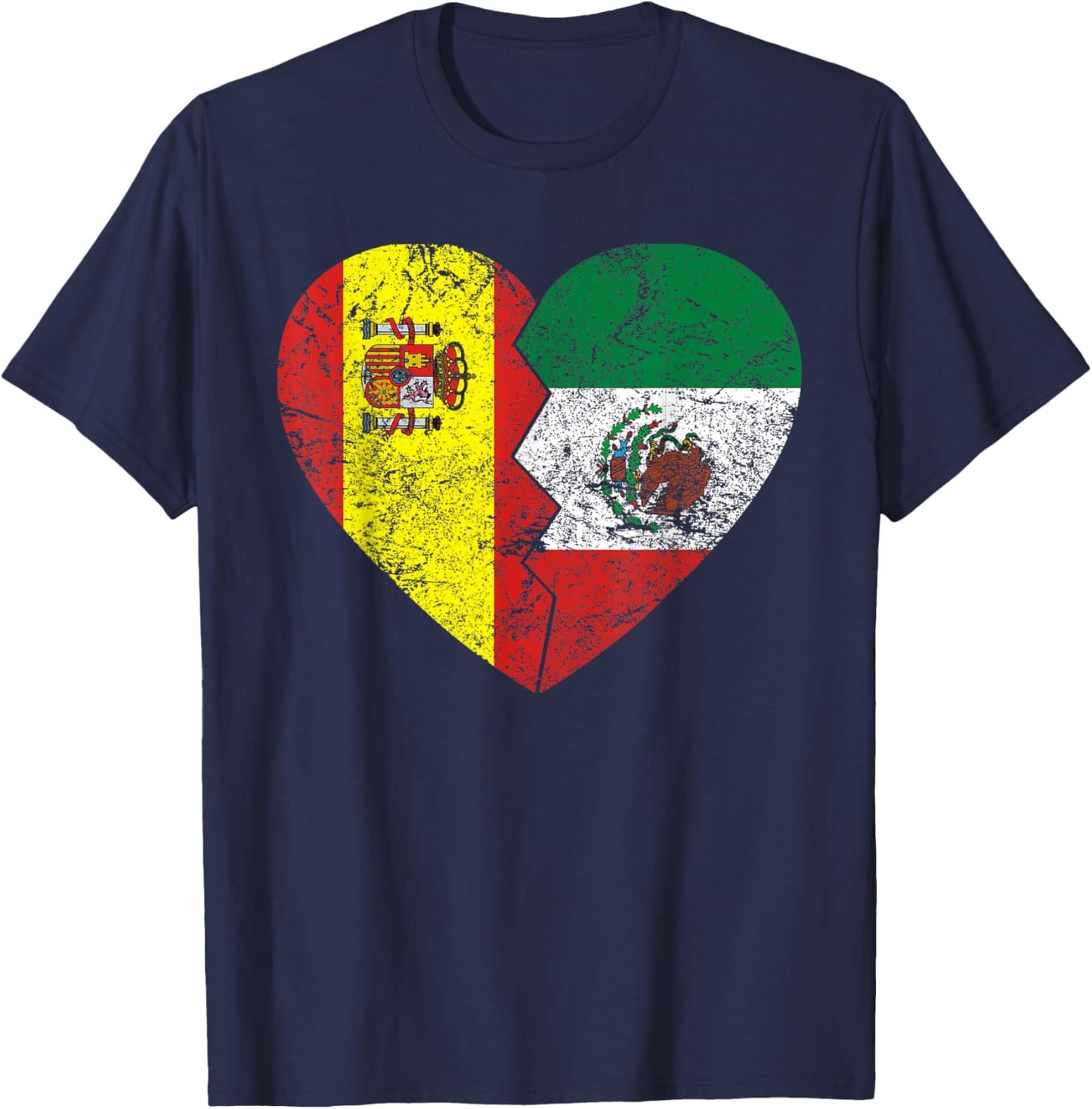 Mexican Spanish Flags Heart | Spain Mexico Roots Vintage T-Shirt - T-Shirt | Navy