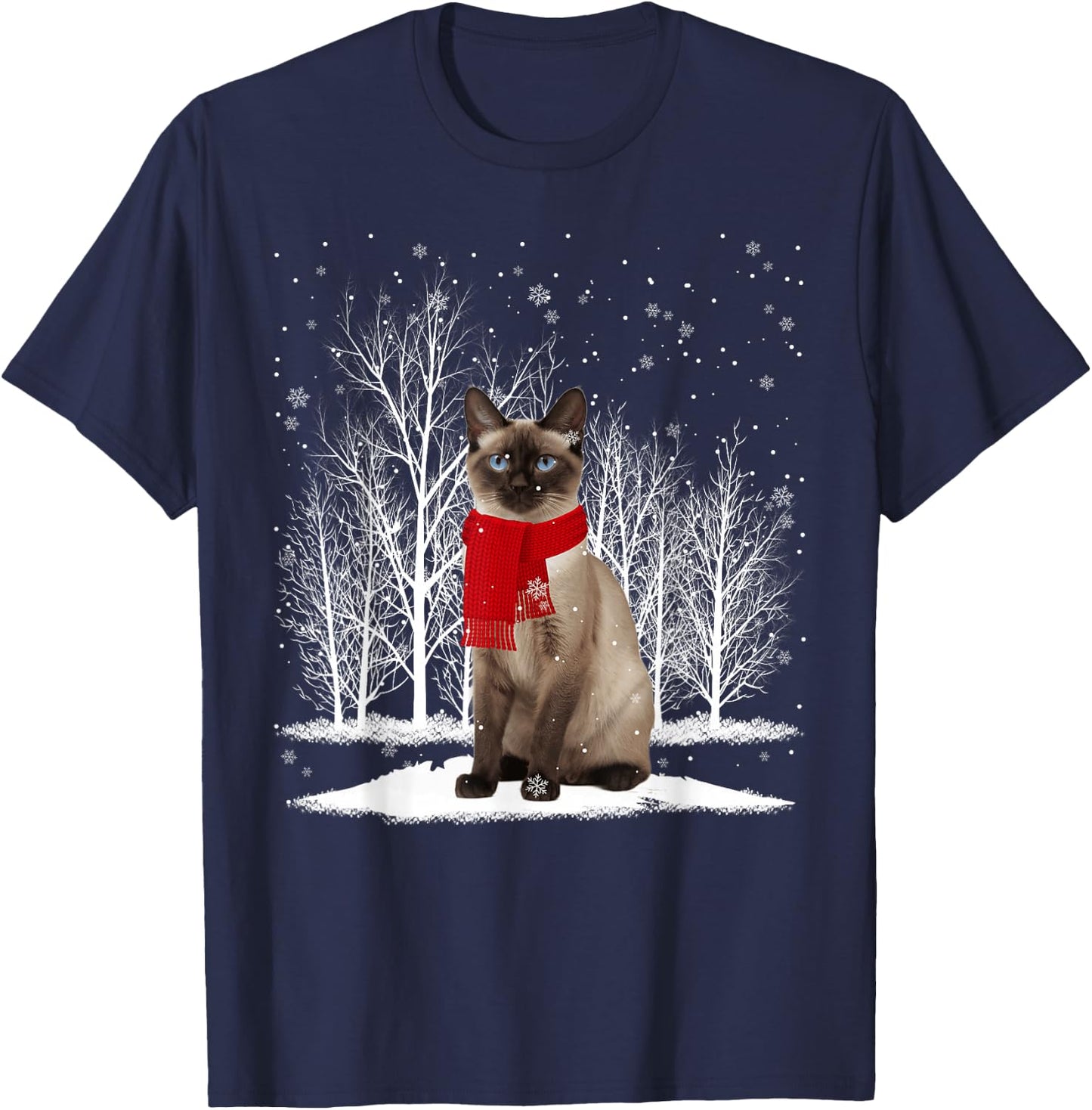 Funny Siamese Cat Wearing Ugly Christmas Sweater Scarf Xmas T-Shirt - T-Shirt | Navy