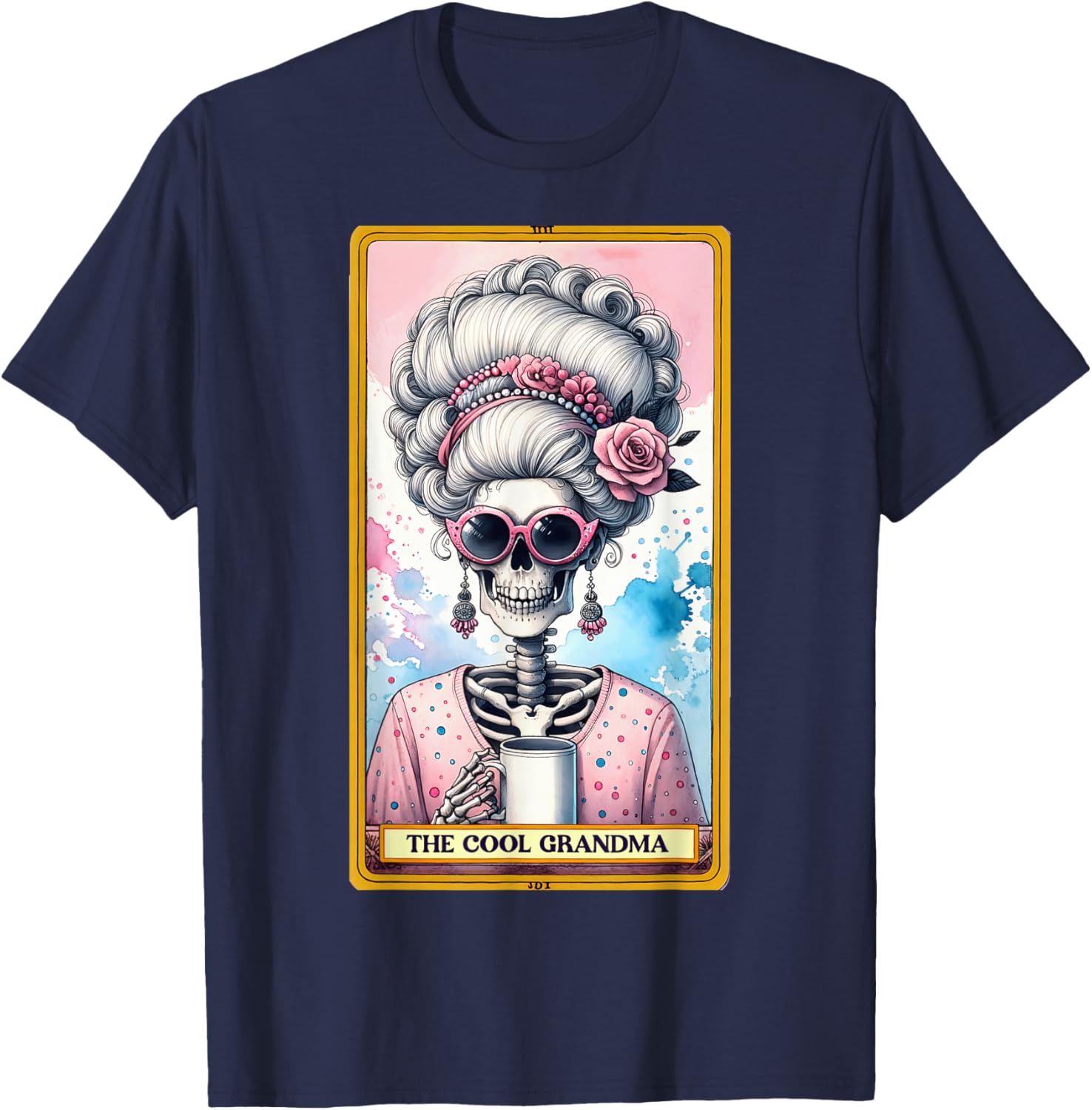 Cool Grandma Tarot Card Skeleton Skelly Messy Bun Coffee T-Shirt - T-Shirt | Navy