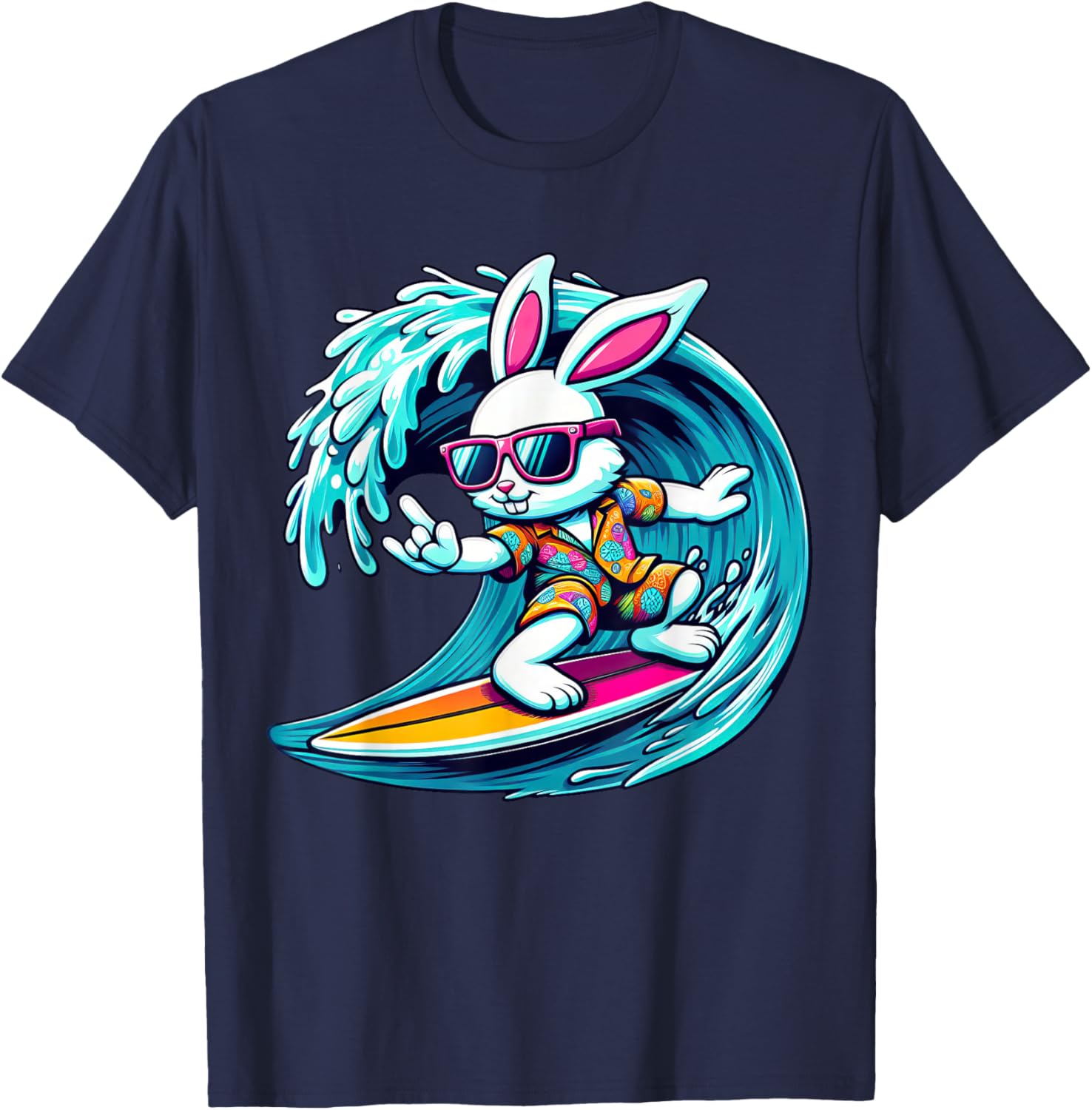 Funny Waves Surfing Player Bunny Kids Men Easter T-Shirt - T-Shirt | Navy
