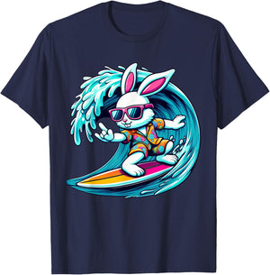 Funny Waves Surfing Player Bunny Kids Men Easter T-Shirt - T-Shirt | Navy