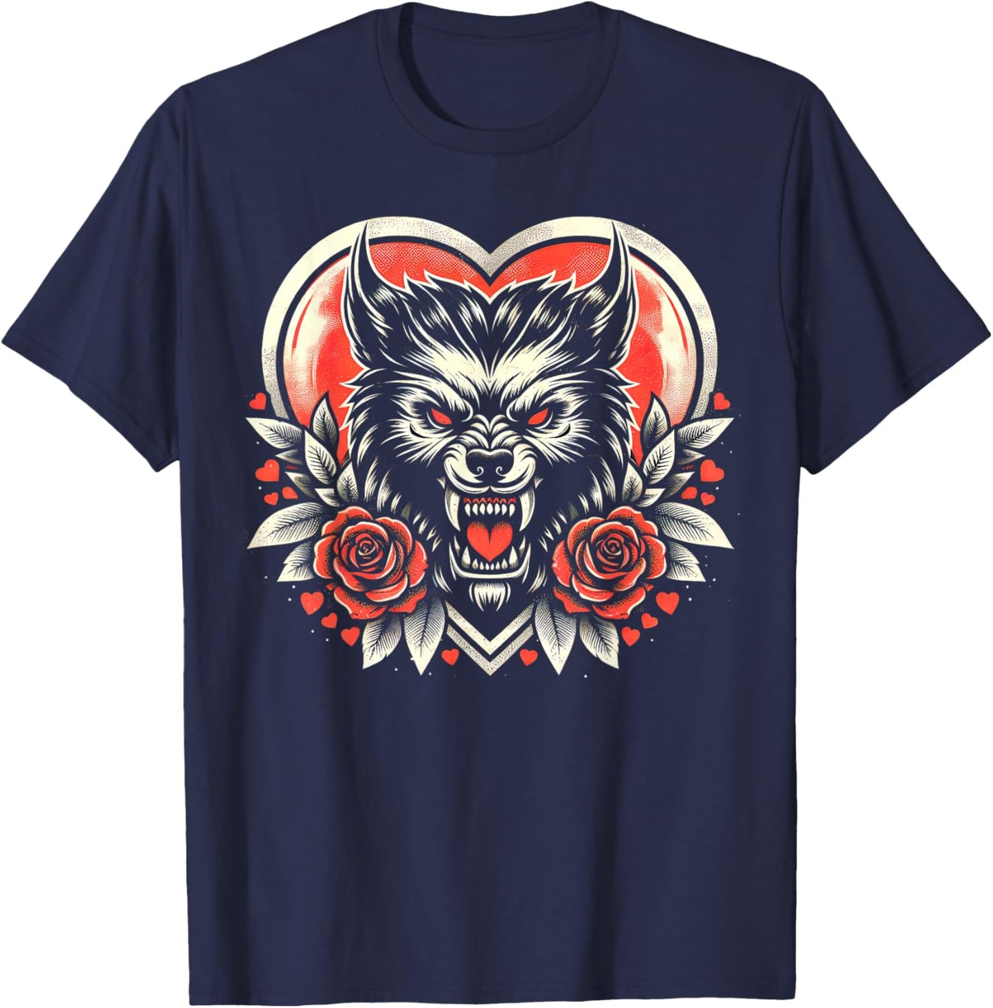 Valentine Werewolf: Lunar Love with Heart and Roses T-Shirt - T-Shirt | Navy