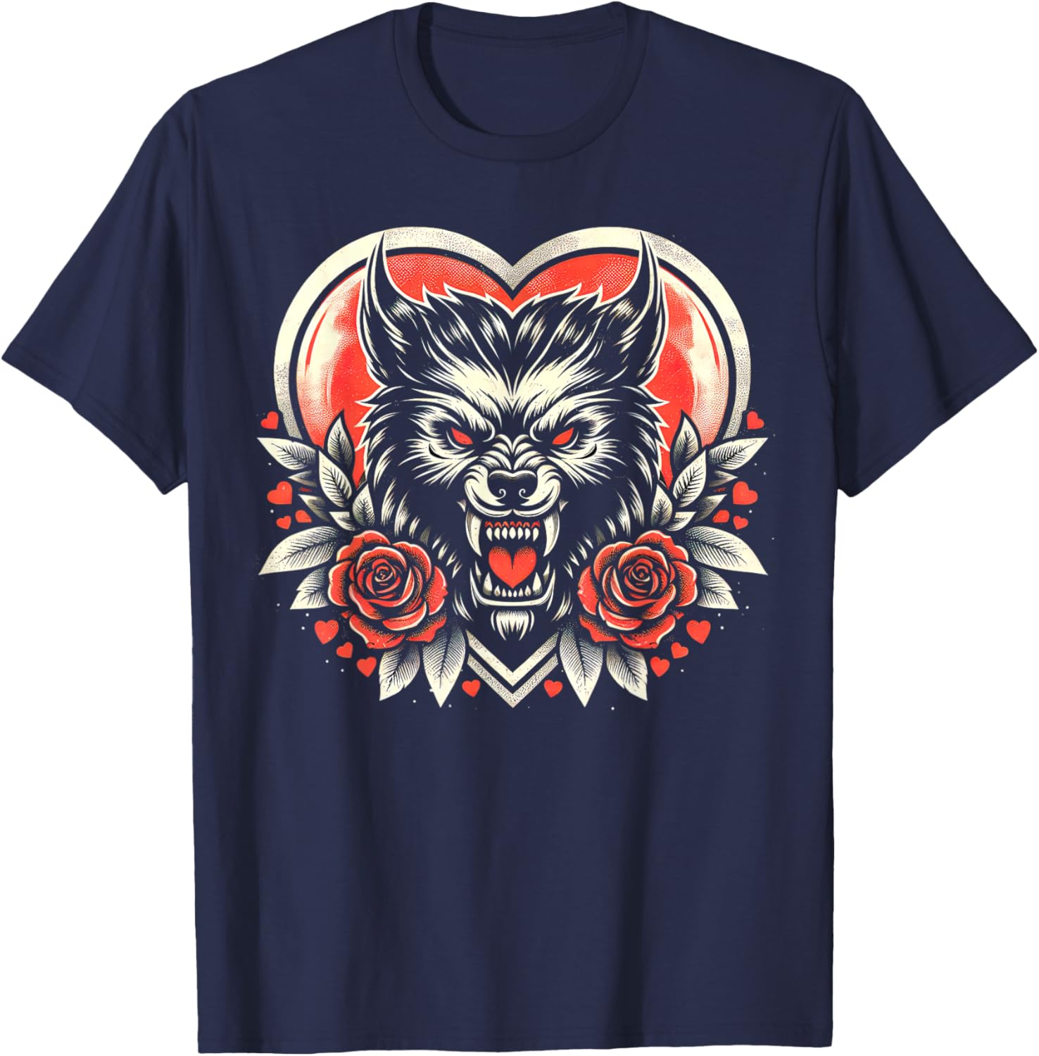 Valentine Werewolf: Lunar Love with Heart and Roses T-Shirt - T-Shirt | Navy