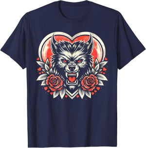 Valentine Werewolf: Lunar Love with Heart and Roses T-Shirt - T-Shirt | Navy