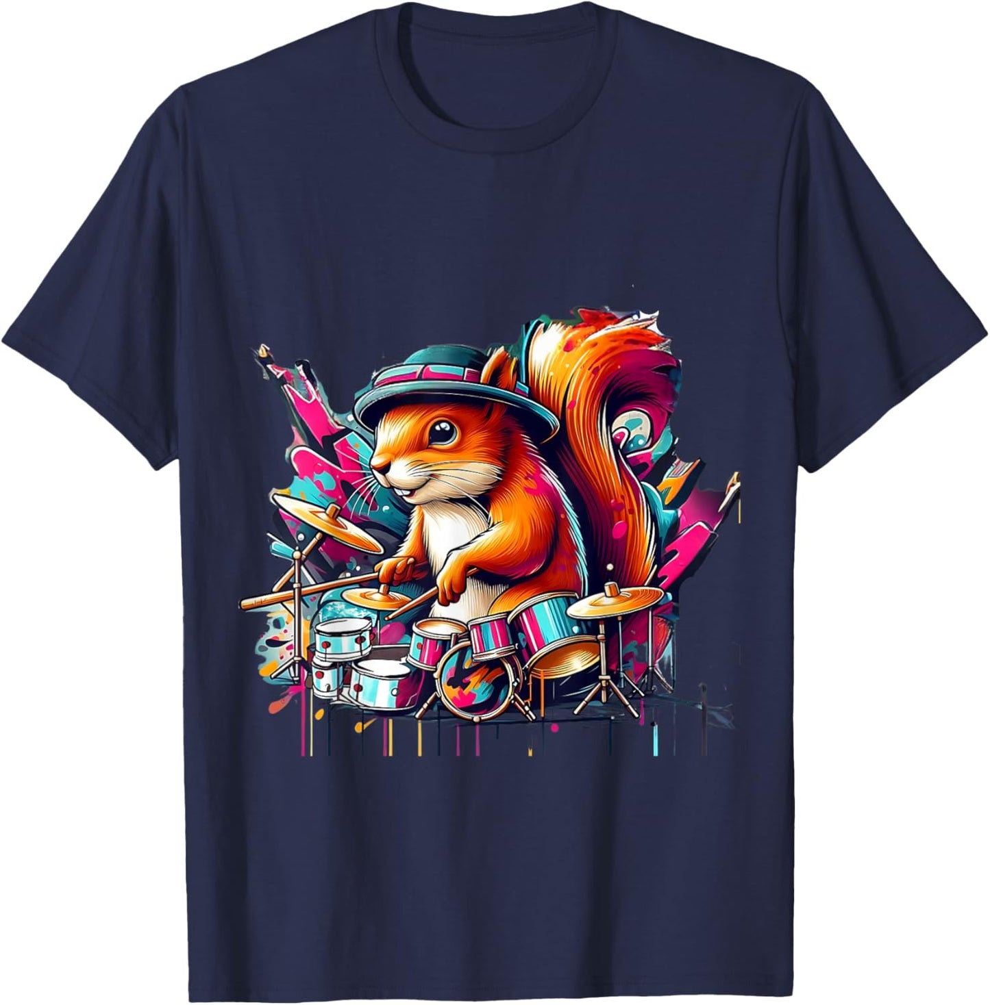 Drumming Funny Drummer Squirrel Playing Drums Squirrel Lover T-Shirt - T-Shirt | Navy