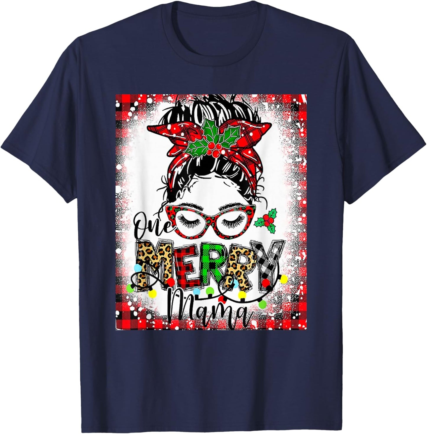 Bleached One Merry Mama Messy Bun Mama Christmas T-Shirt - T-Shirt | Navy