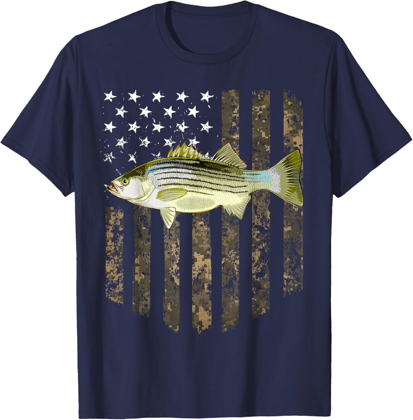 Camo American Flag Striped Bass Fishing 4th Of July T-Shirt - T-Shirt | Navy
