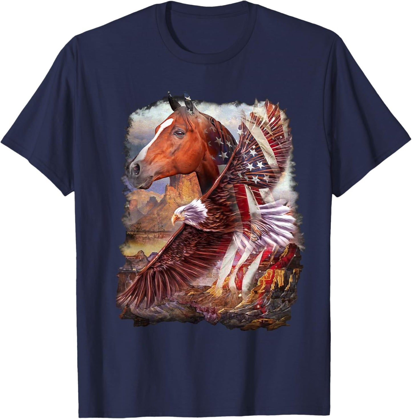 Horse American Flag and Bald eagle T-Shirt - T-Shirt | Navy