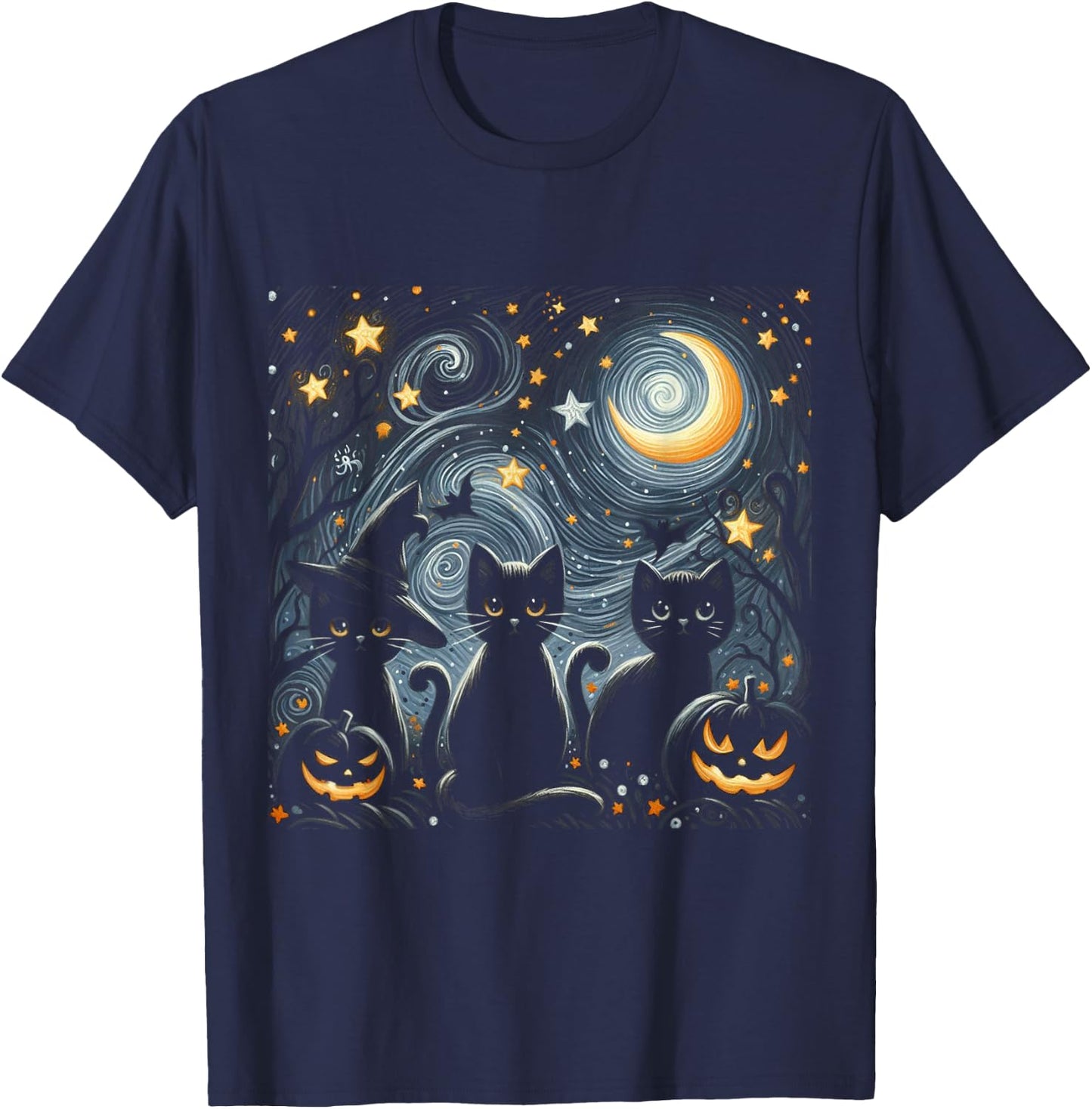 Van Gogh Halloween Starry Night with Black Cat and Pumpkins T-Shirt - T-Shirt | Navy